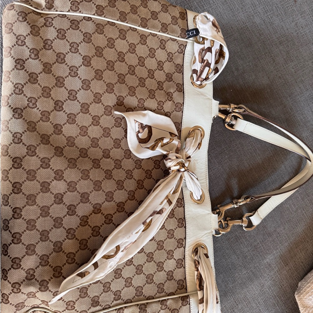 Gucci Beige Monogram Satchel with Silk Scarf Detail - Picture 8 of 8